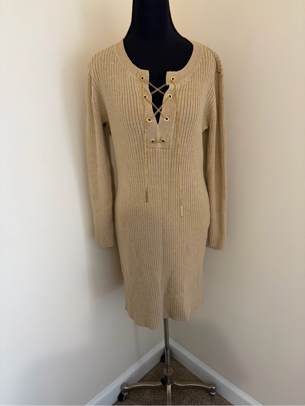Michael Kors Beige Ribbed Lace-Up Sweater Dress
